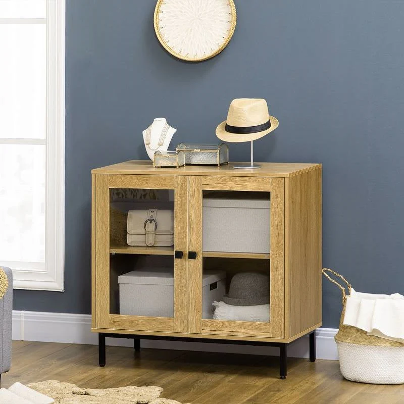 Modern Glass Door Sideboard Buffet Dining Storage Cabinet in Oak Wood Finish - Image 2