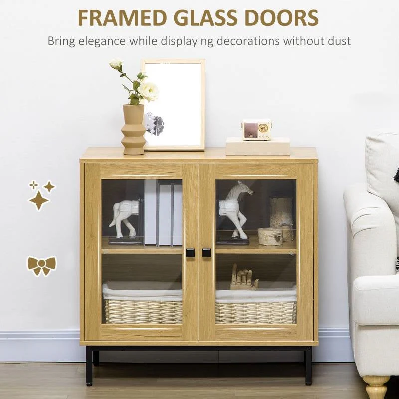 Modern Glass Door Sideboard Buffet Dining Storage Cabinet in Oak Wood Finish - Image 3