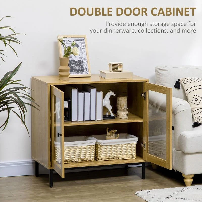 Modern Glass Door Sideboard Buffet Dining Storage Cabinet in Oak Wood Finish - Image 4