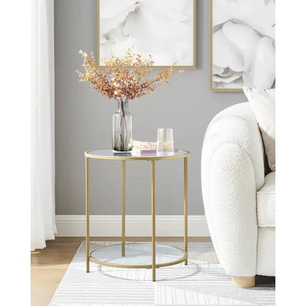 Modern Glass Top Round Metal End Table Nightstand with Bottom Shelf in Gold - Image 2