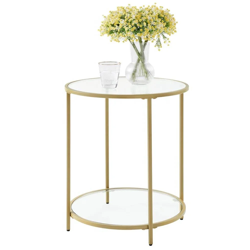 Modern Glass Top Round Metal End Table Nightstand with Bottom Shelf in Gold - Image 3