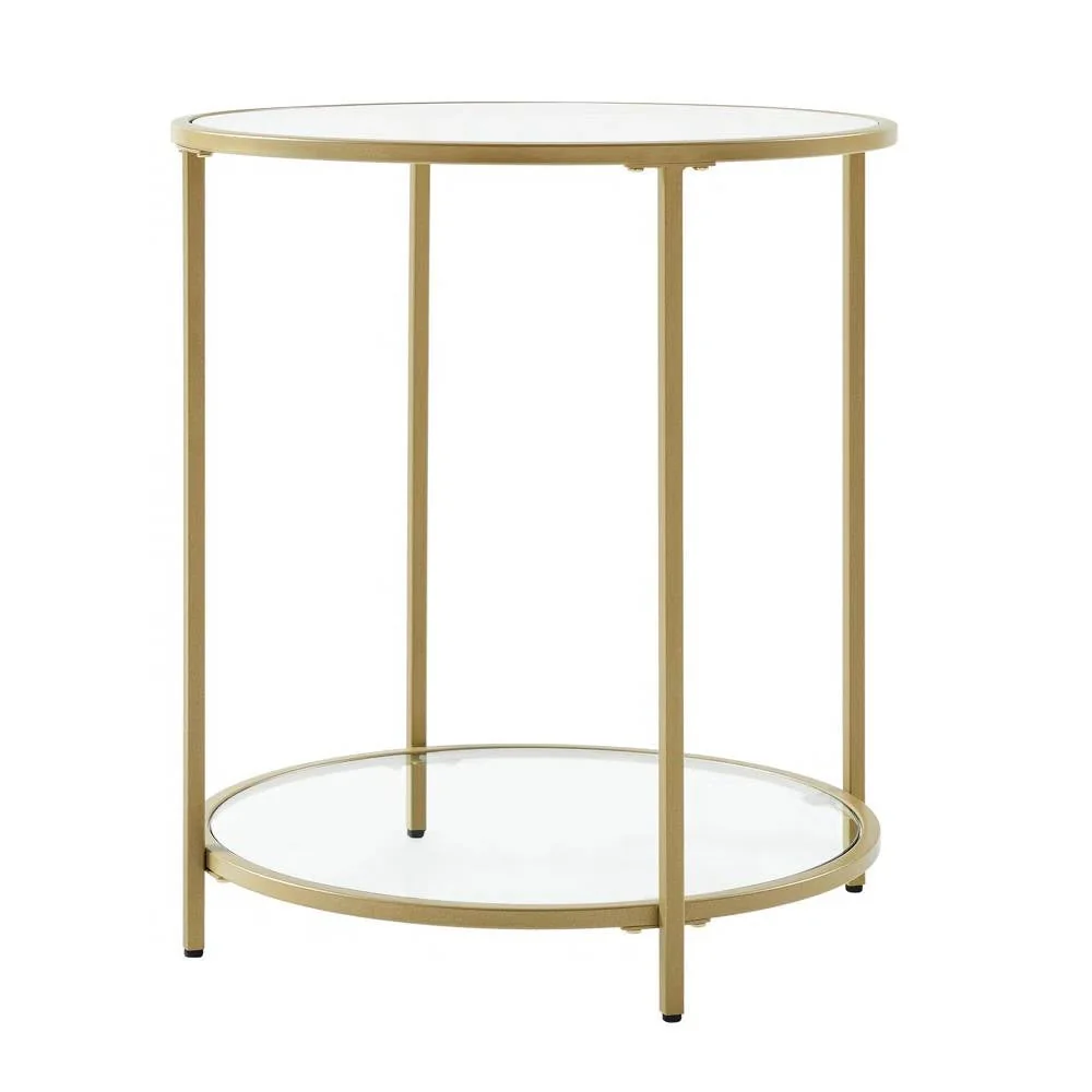 Modern Glass Top Round Metal End Table Nightstand with Bottom Shelf in Gold - Image 4