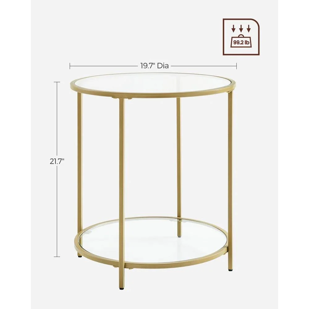 Modern Glass Top Round Metal End Table Nightstand with Bottom Shelf in Gold - Image 5