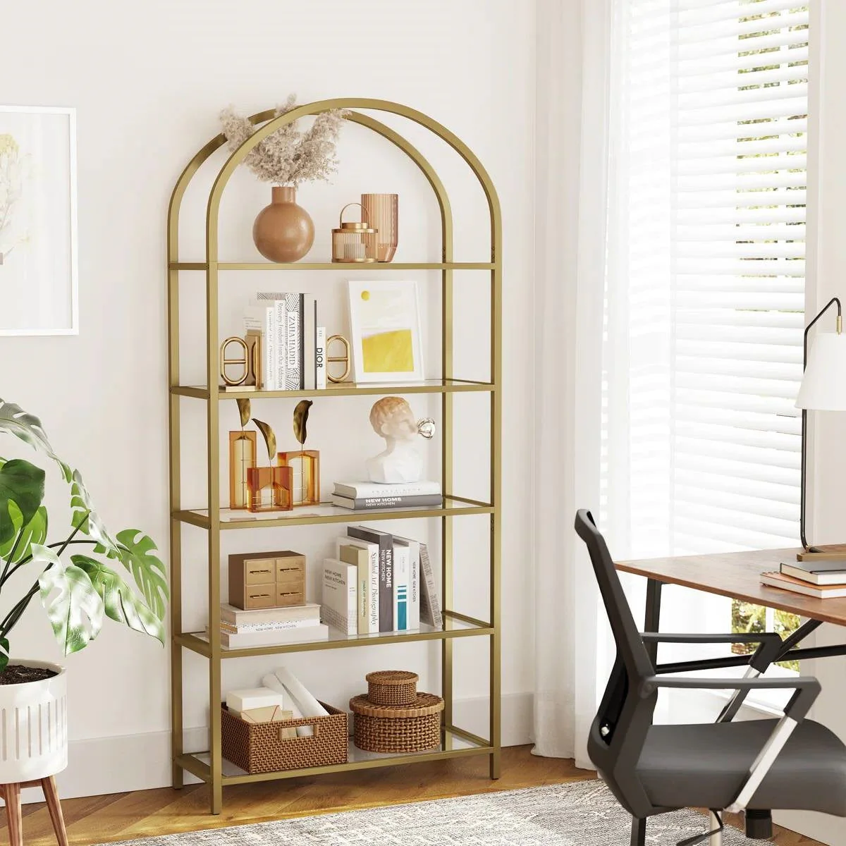 Modern Gold Metal Arched Top Display Rack Bookcase with 5 Glass Storage Shelves - Image 2
