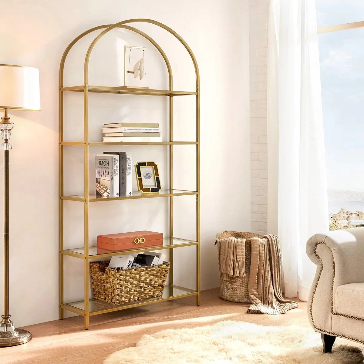Modern Gold Metal Arched Top Display Rack Bookcase with 5 Glass Storage Shelves - Image 3
