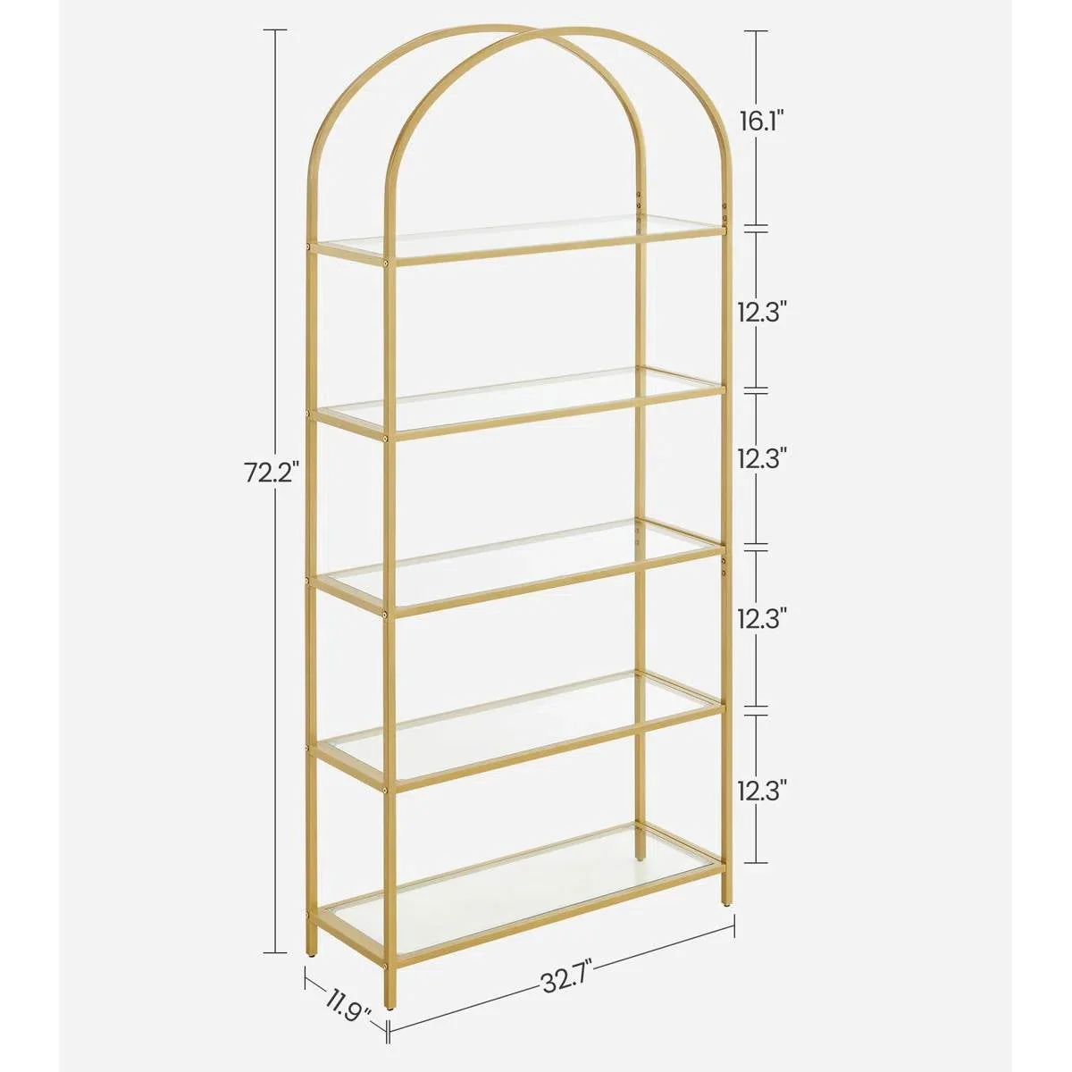 Modern Gold Metal Arched Top Display Rack Bookcase with 5 Glass Storage Shelves - Image 5