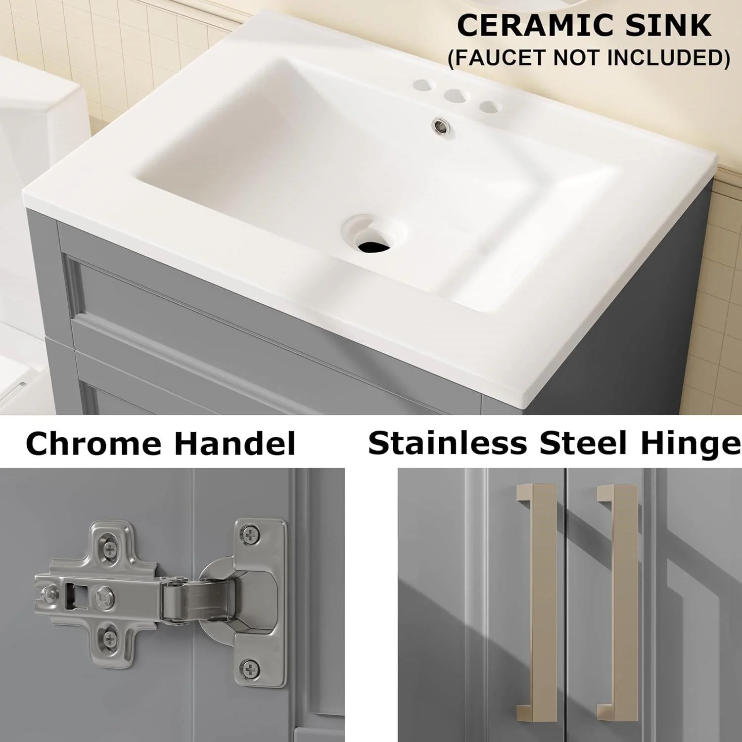 Modern Gray Wood Finish Bathroom Vanity with White Ceramic Sink - Image 3