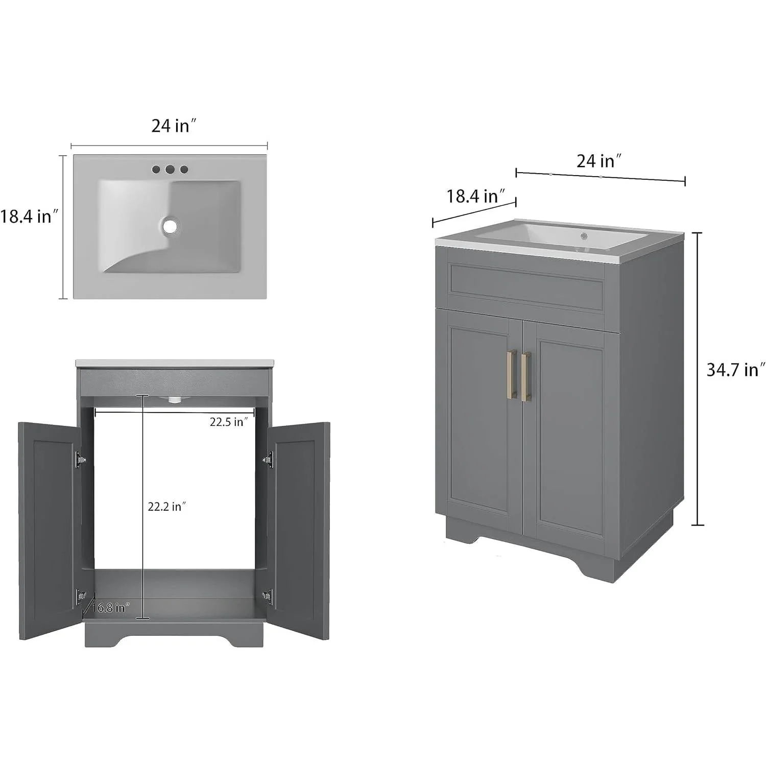 Modern Gray Wood Finish Bathroom Vanity with White Ceramic Sink - Image 5