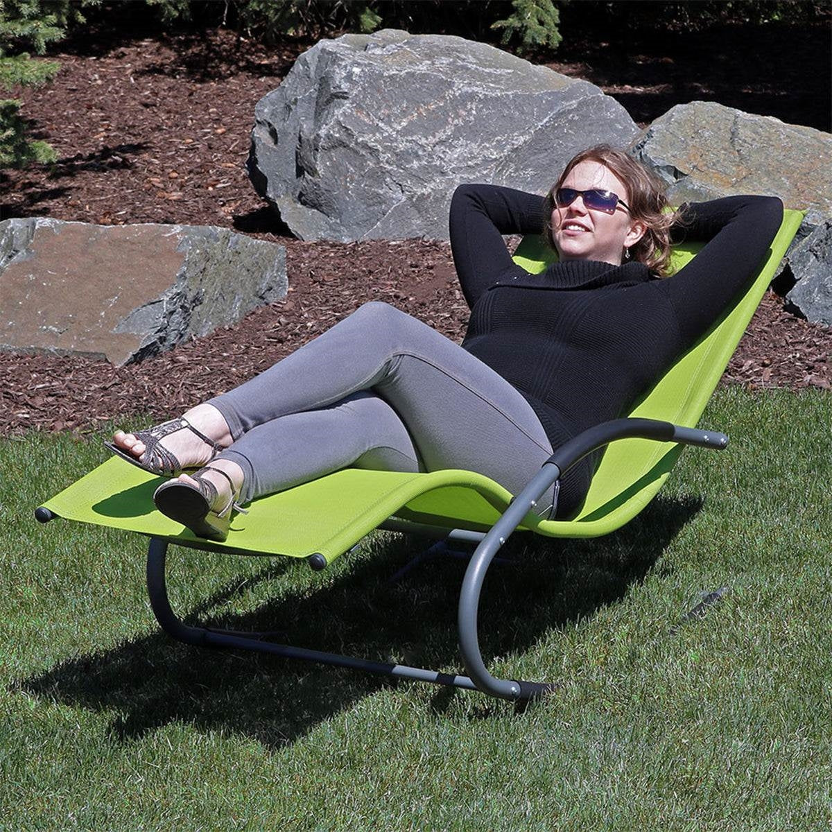 Modern Green Rocking Chaise Lounge Chair Patio Lounger with Pillow - Image 4
