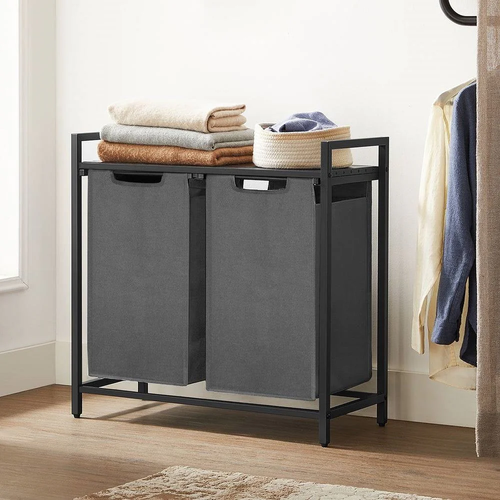 Modern Grey 2-Basket Laundry Hamper Sorter Black Frame Rustic Brown Top Shelf - Image 2