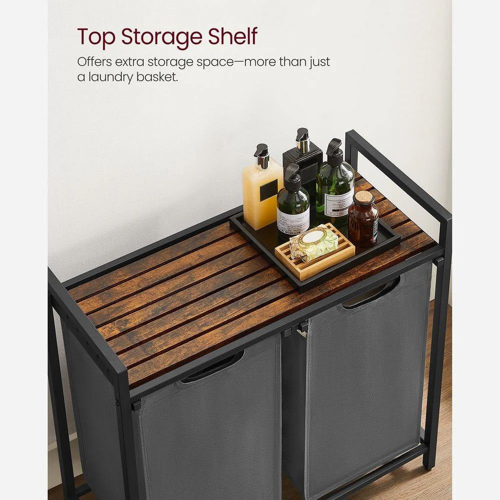 Modern Grey 2-Basket Laundry Hamper Sorter Black Frame Rustic Brown Top Shelf - Image 3