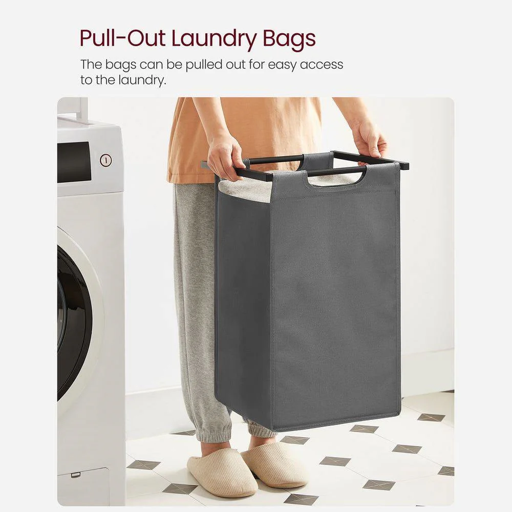 Modern Grey 2-Basket Laundry Hamper Sorter Black Frame Rustic Brown Top Shelf - Image 4