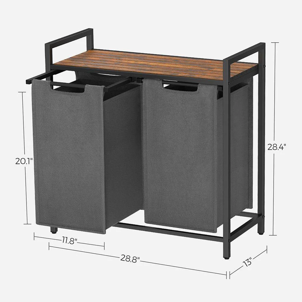 Modern Grey 2-Basket Laundry Hamper Sorter Black Frame Rustic Brown Top Shelf - Image 5
