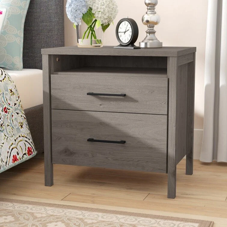 Modern Grey 2 Drawer Nightstand Cubby Storage Shelf - Image 4