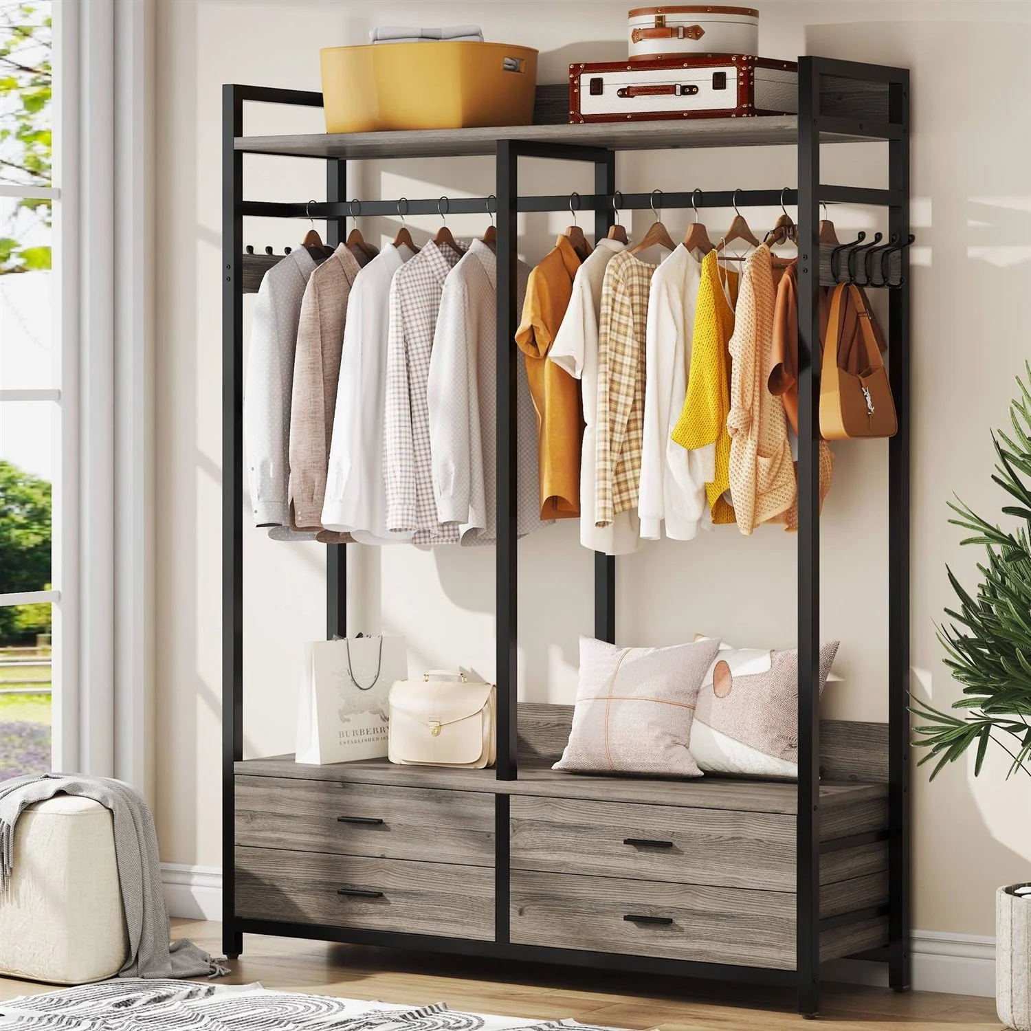 Modern Grey Black Garment Rack with Clothes Hanging Rod and 4 Storage Drawers - Image 2