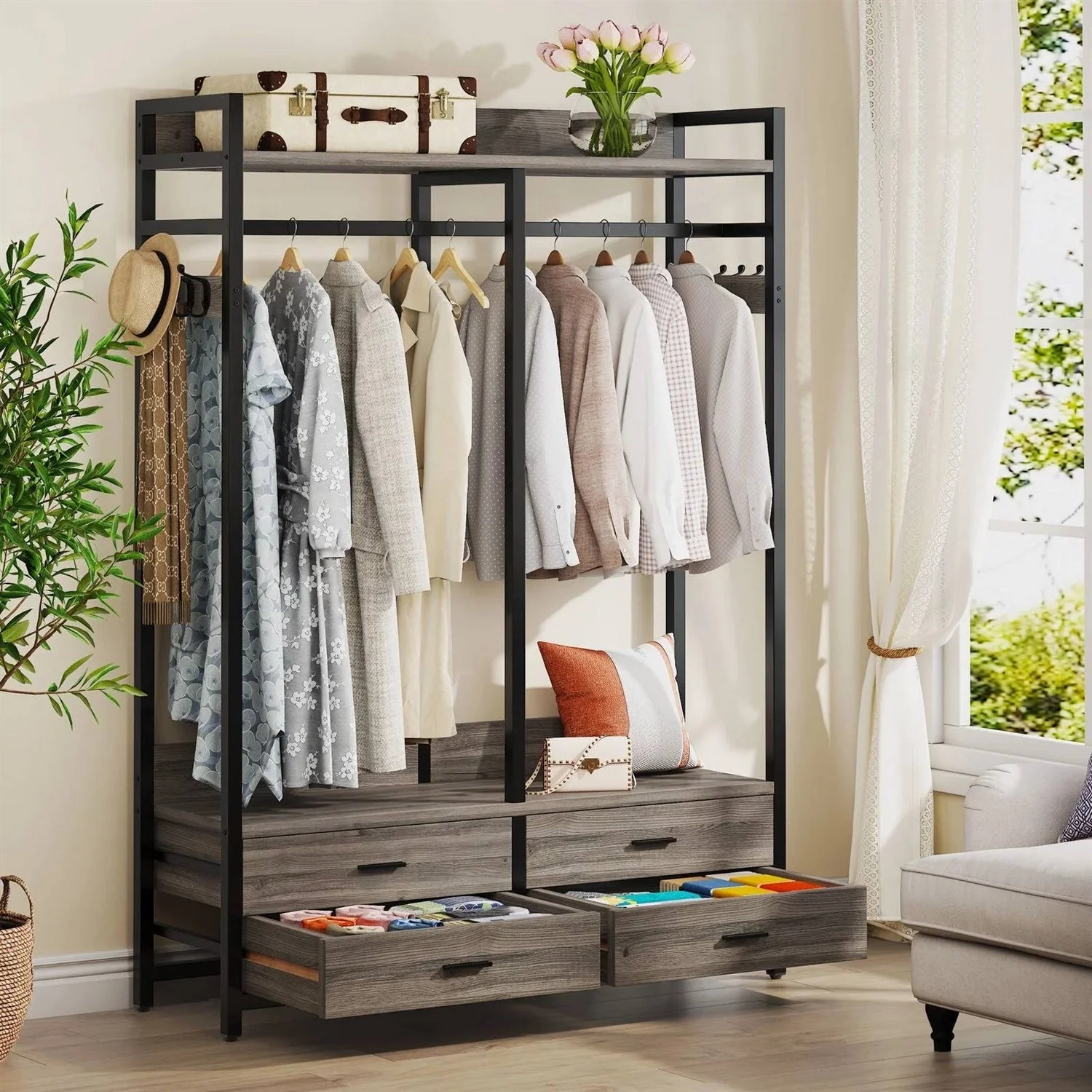 Modern Grey Black Garment Rack with Clothes Hanging Rod and 4 Storage Drawers - Image 3