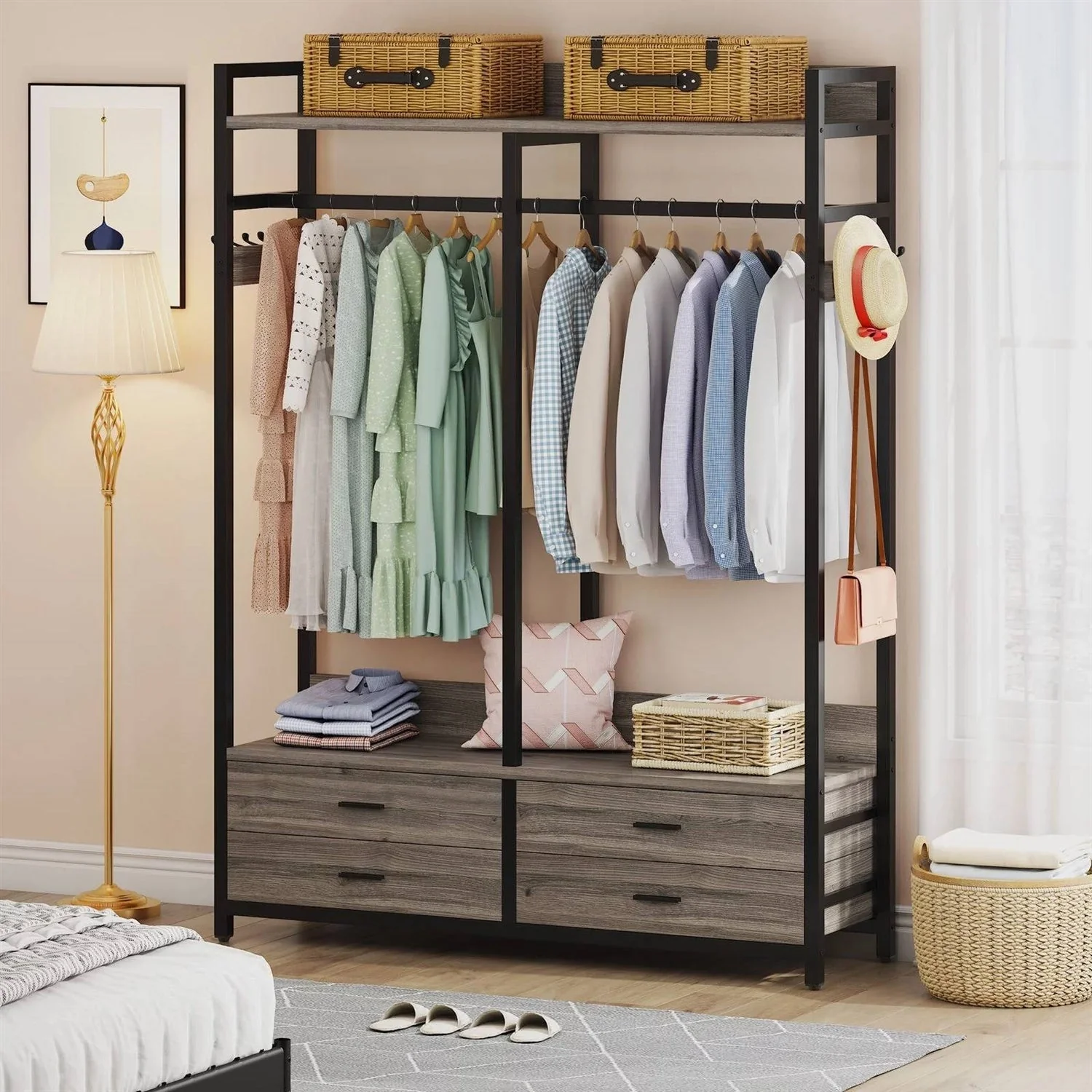 Modern Grey Black Garment Rack with Clothes Hanging Rod and 4 Storage Drawers - Image 4
