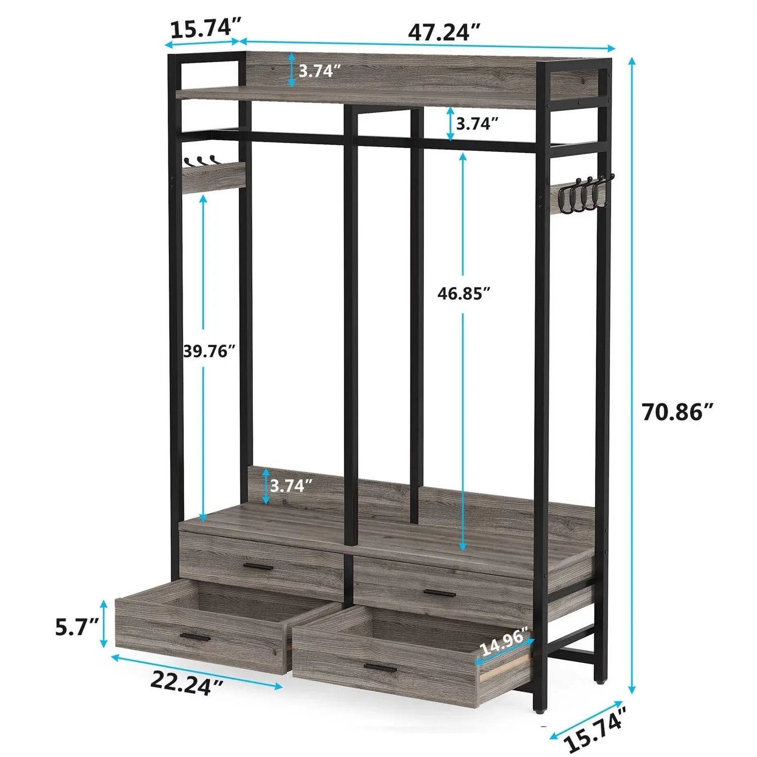 Modern Grey Black Garment Rack with Clothes Hanging Rod and 4 Storage Drawers - Image 5