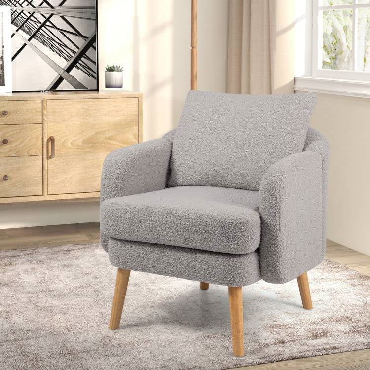 Modern Grey Sherpa Fabric Upholstered Accent Chair with Wooden Legs - Image 2