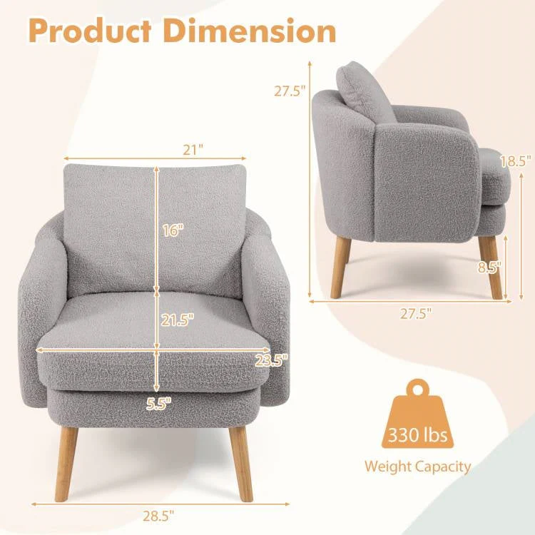 Modern Grey Sherpa Fabric Upholstered Accent Chair with Wooden Legs - Image 4