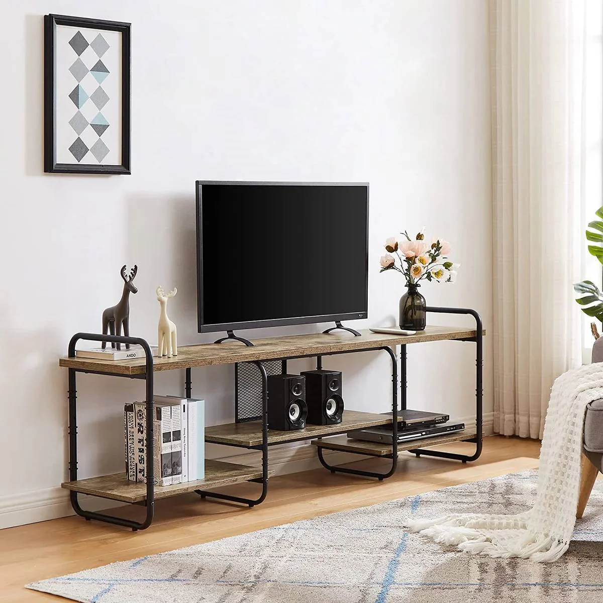 Modern Grey Wood Black Metal Entertainment Center TV Stand for TV up to 75-inch - Image 2