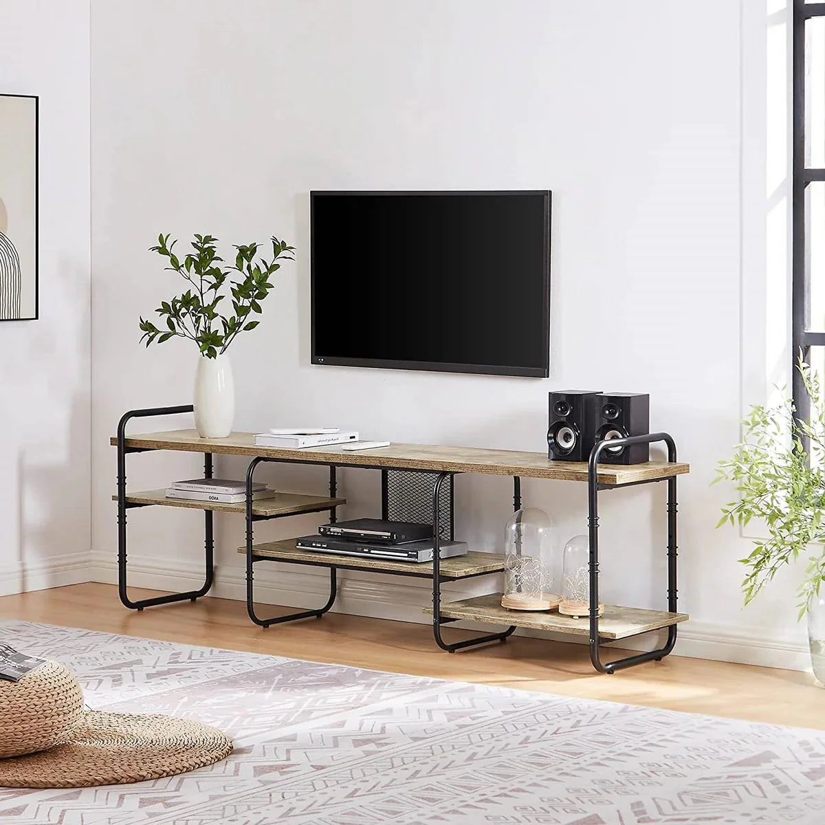 Modern Grey Wood Black Metal Entertainment Center TV Stand for TV up to 75-inch - Image 3