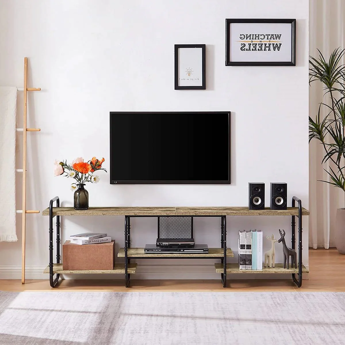 Modern Grey Wood Black Metal Entertainment Center TV Stand for TV up to 75-inch - Image 4
