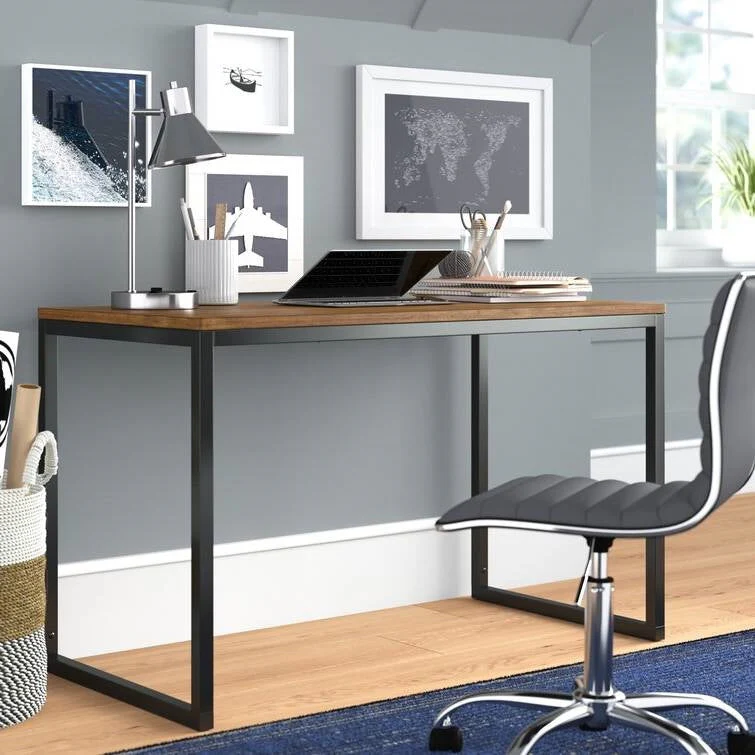 Modern Home Office Desk with Black Metal Frame and Brown Wood Top - Image 2