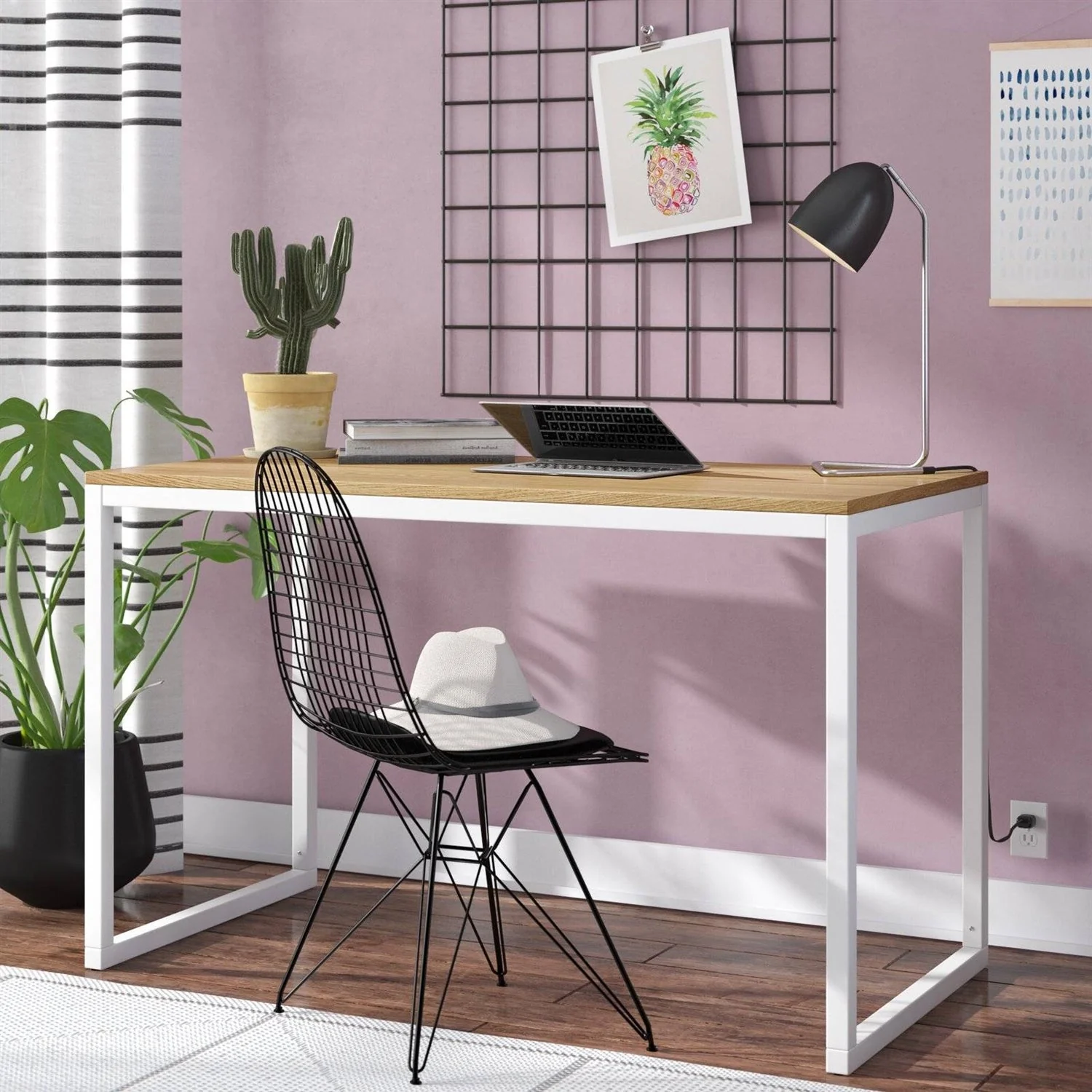 Modern Home Office Desk with White Metal Frame and Wood Table Top - Image 2