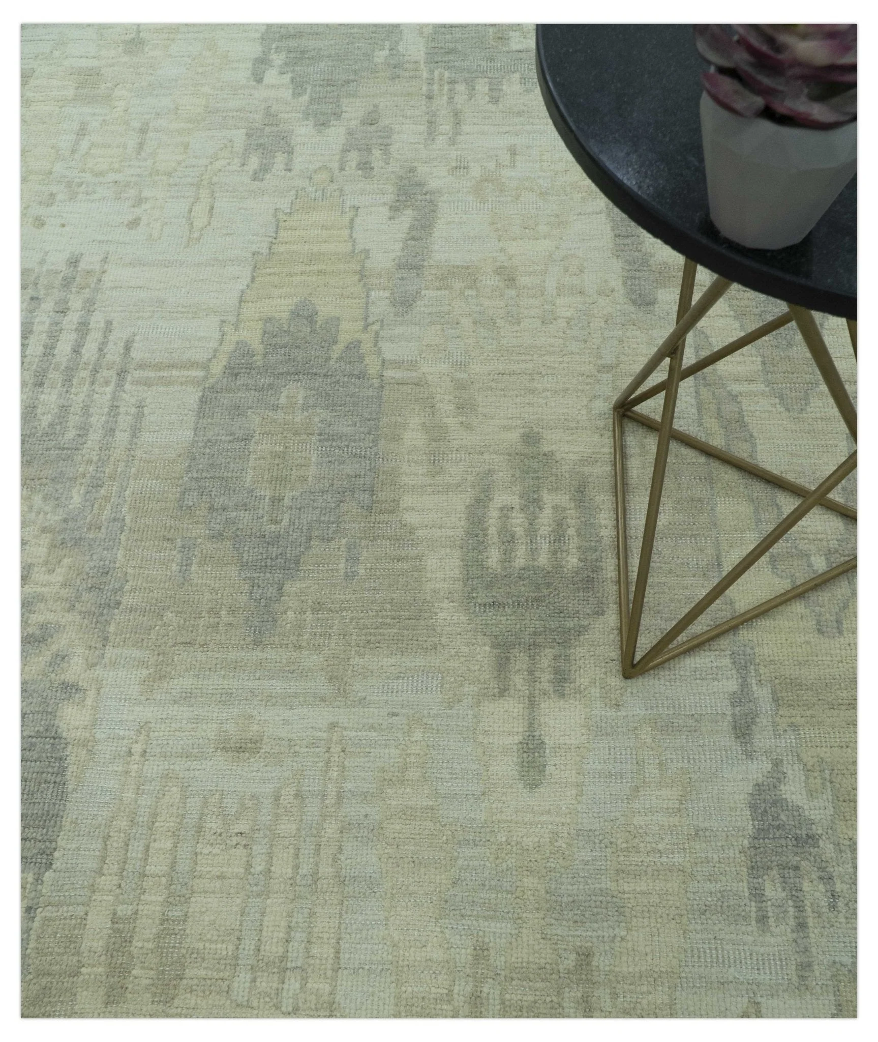 Modern Ikat Design distressed Beige And Charcoal Hand Knotted Custom Made wool rug - Image 3