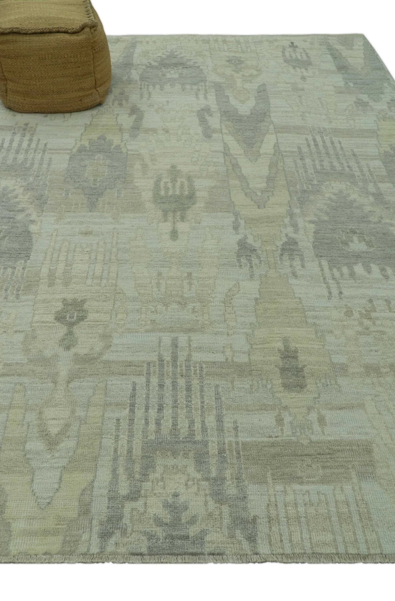 Modern Ikat Design distressed Beige And Charcoal Hand Knotted Custom Made wool rug - Image 9