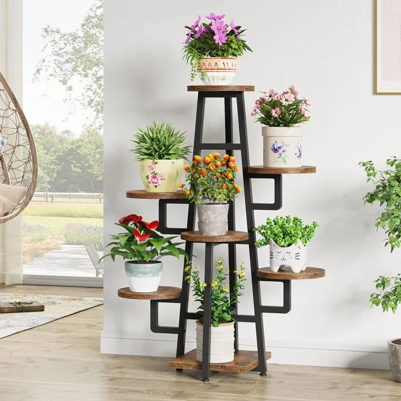 Modern Indoor Multi-Tier Plant Stand with Black Metal Frame and Wood Shelves - Image 2