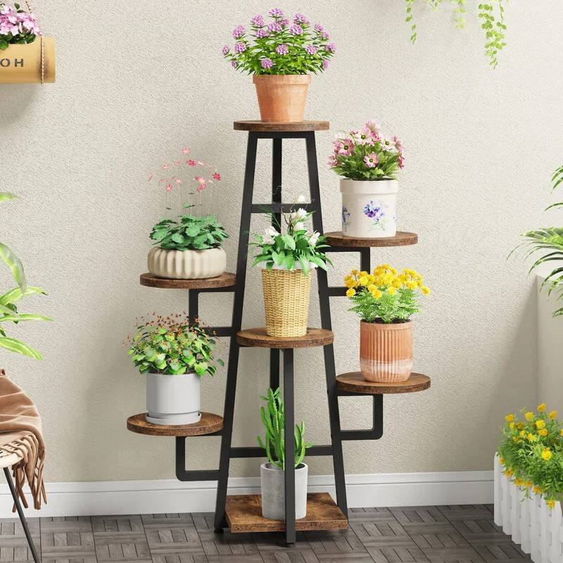 Modern Indoor Multi-Tier Plant Stand with Black Metal Frame and Wood Shelves - Image 3