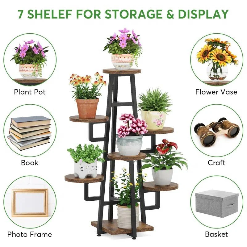 Modern Indoor Multi-Tier Plant Stand with Black Metal Frame and Wood Shelves - Image 4