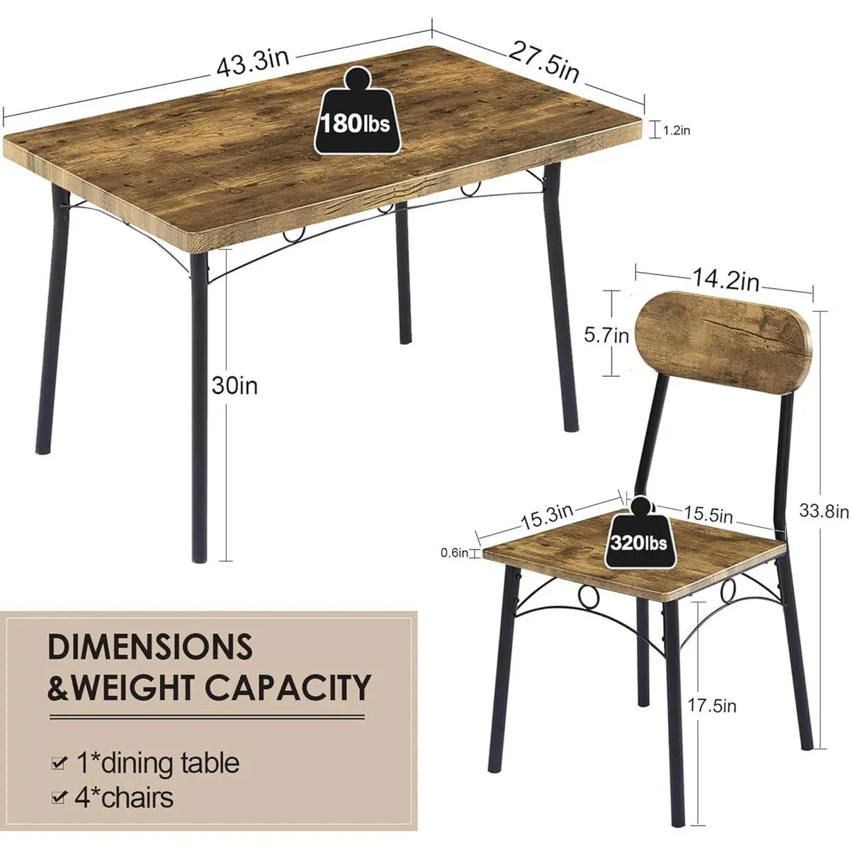 Modern Industrial 5-Piece Dining Set with Wood Top Table and 4 Chairs - Image 5