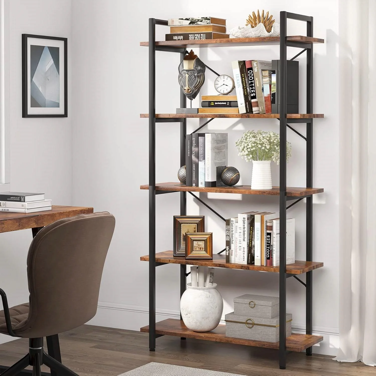 Modern Industrial 5-Shelf Bookcase with Sturdy Metal Frame and Wooden Shelves - Image 3