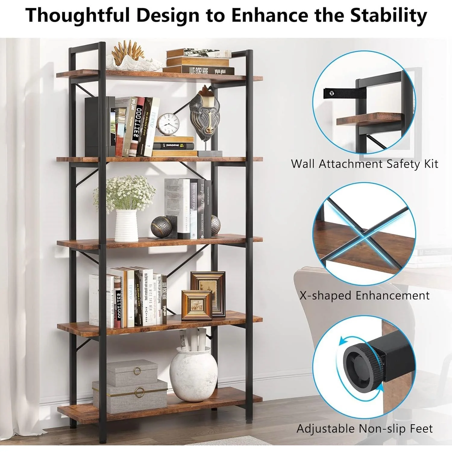 Modern Industrial 5-Shelf Bookcase with Sturdy Metal Frame and Wooden Shelves - Image 4