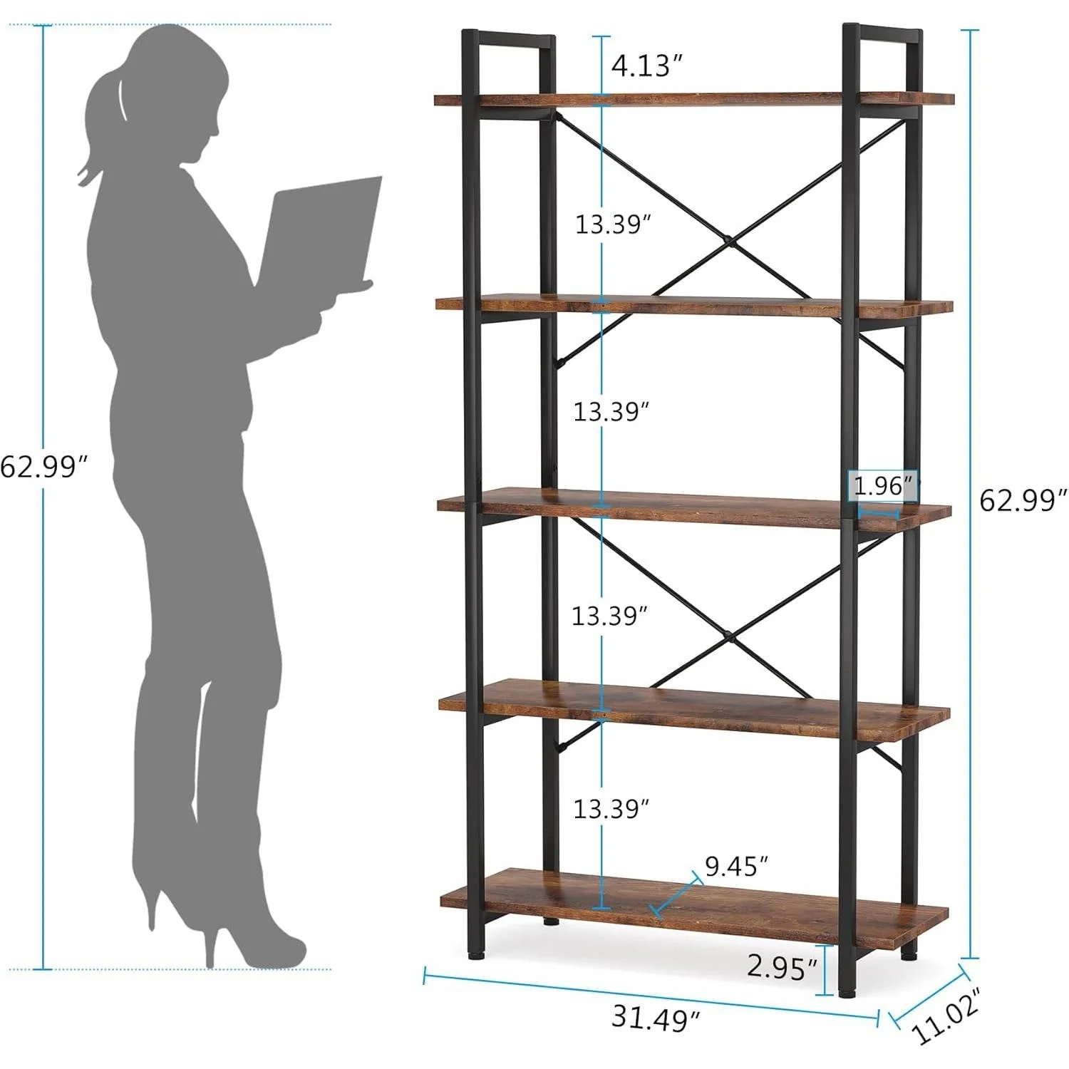 Modern Industrial 5-Shelf Bookcase with Sturdy Metal Frame and Wooden Shelves - Image 5