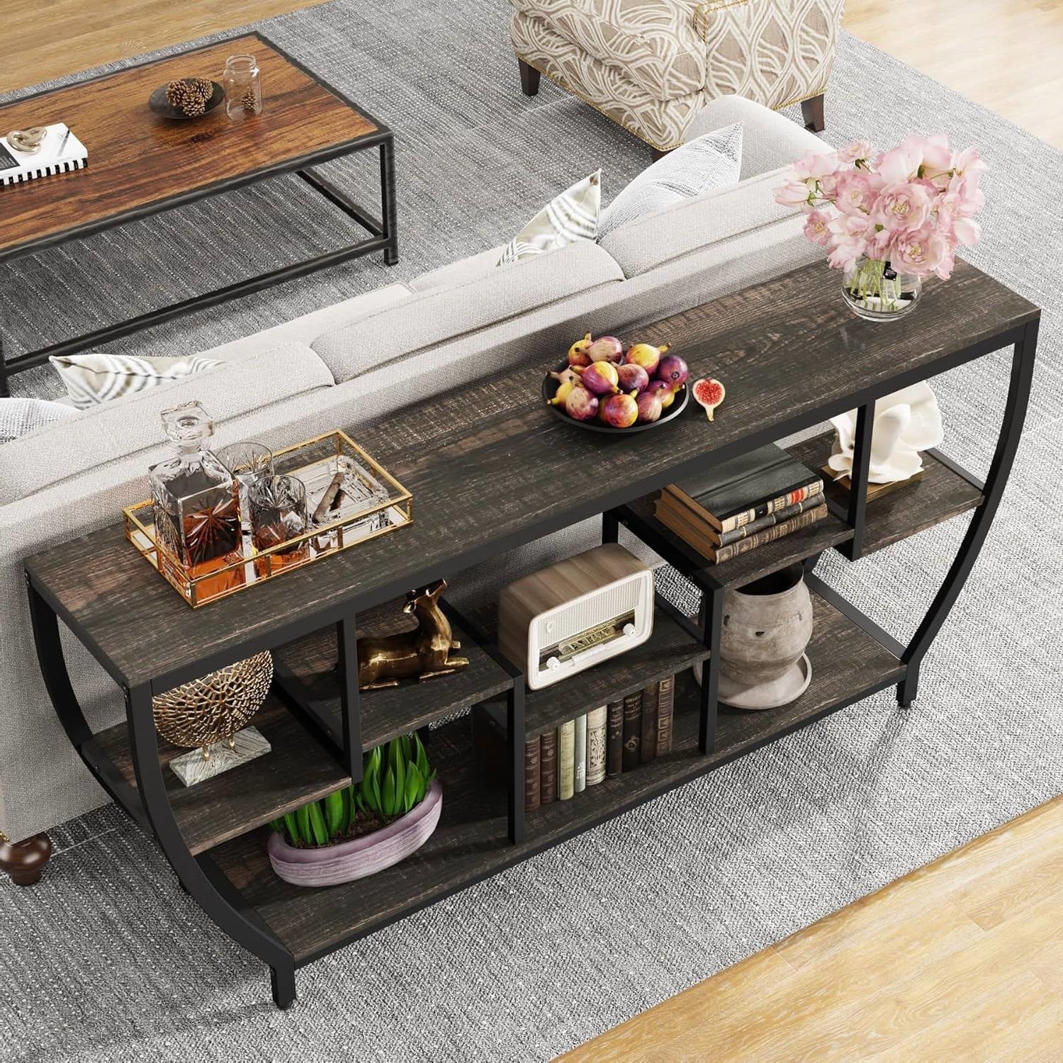 Modern Industrial 70-inch Long Narrow Console Sofa Table with Black Wood Shelves - Image 2