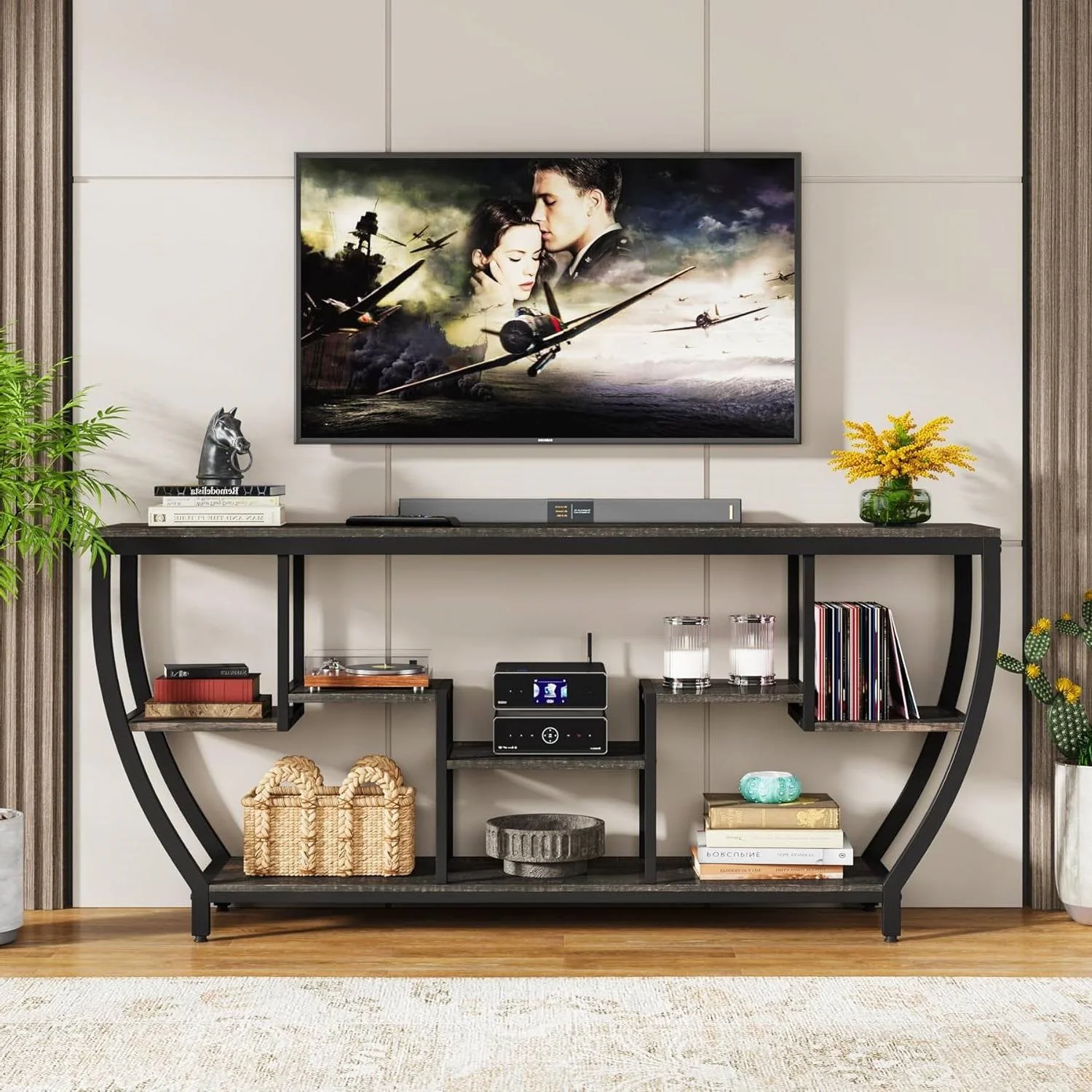 Modern Industrial 70-inch Long Narrow Console Sofa Table with Black Wood Shelves - Image 3