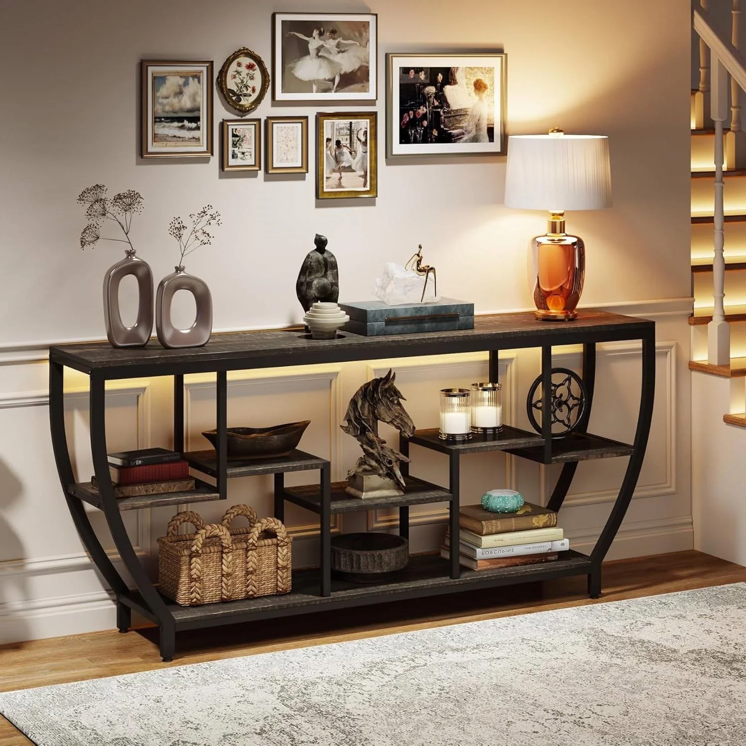 Modern Industrial 70-inch Long Narrow Console Sofa Table with Black Wood Shelves - Image 4