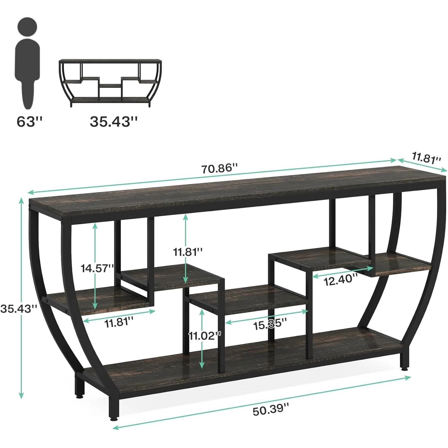 Modern Industrial 70-inch Long Narrow Console Sofa Table with Black Wood Shelves - Image 5