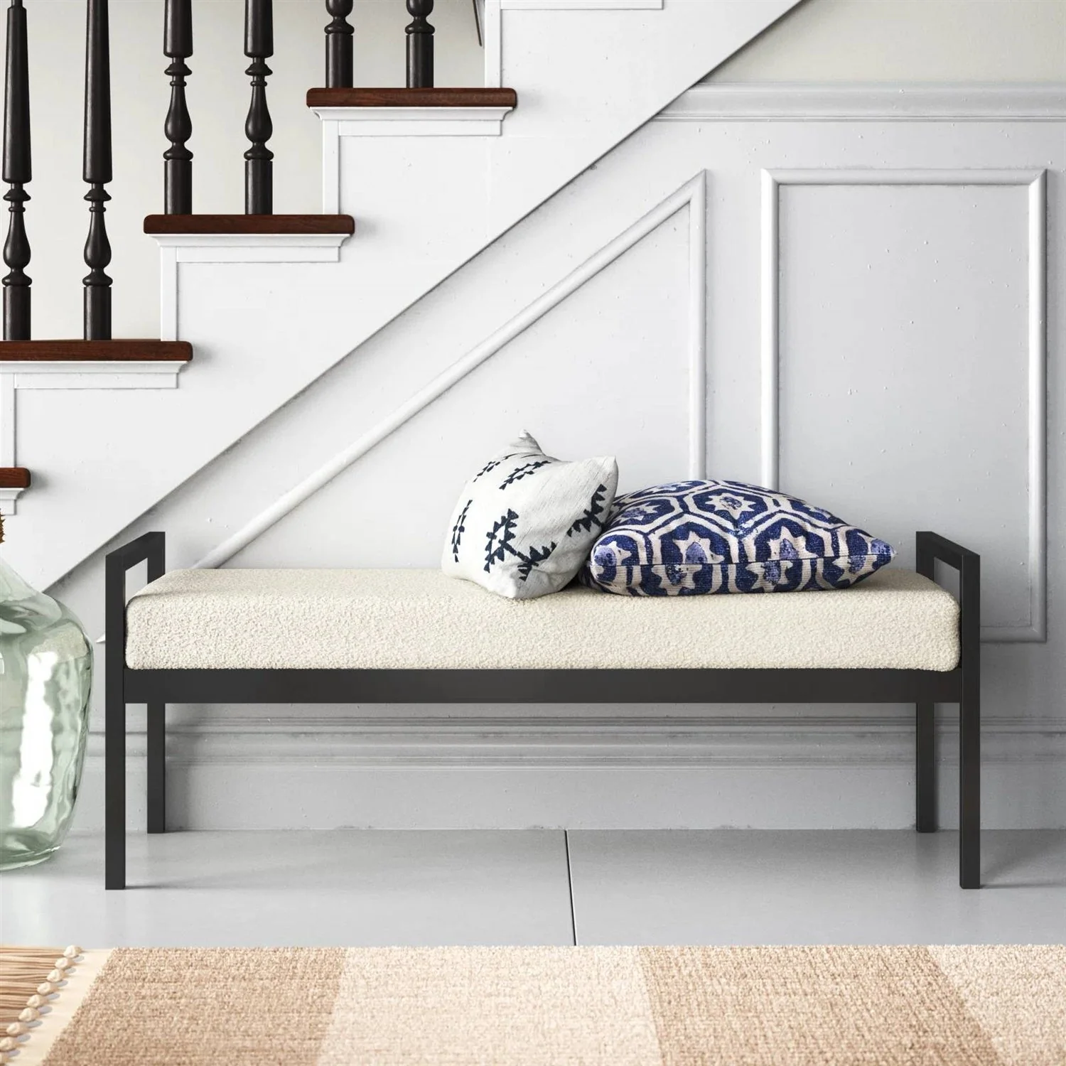 Modern Industrial Bed Bench with Black Metal Frame and Cream Upholstered Cushion - Image 3
