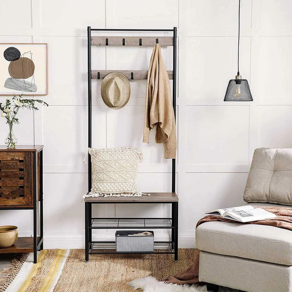 Modern Industrial Black Grey Entryway Coat Rack Shoe Bench with 2 Shelves - Image 2