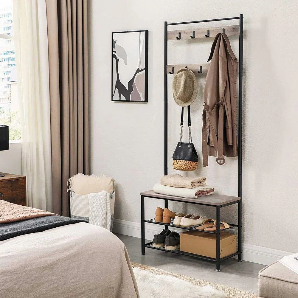 Modern Industrial Black Grey Entryway Coat Rack Shoe Bench with 2 Shelves - Image 3