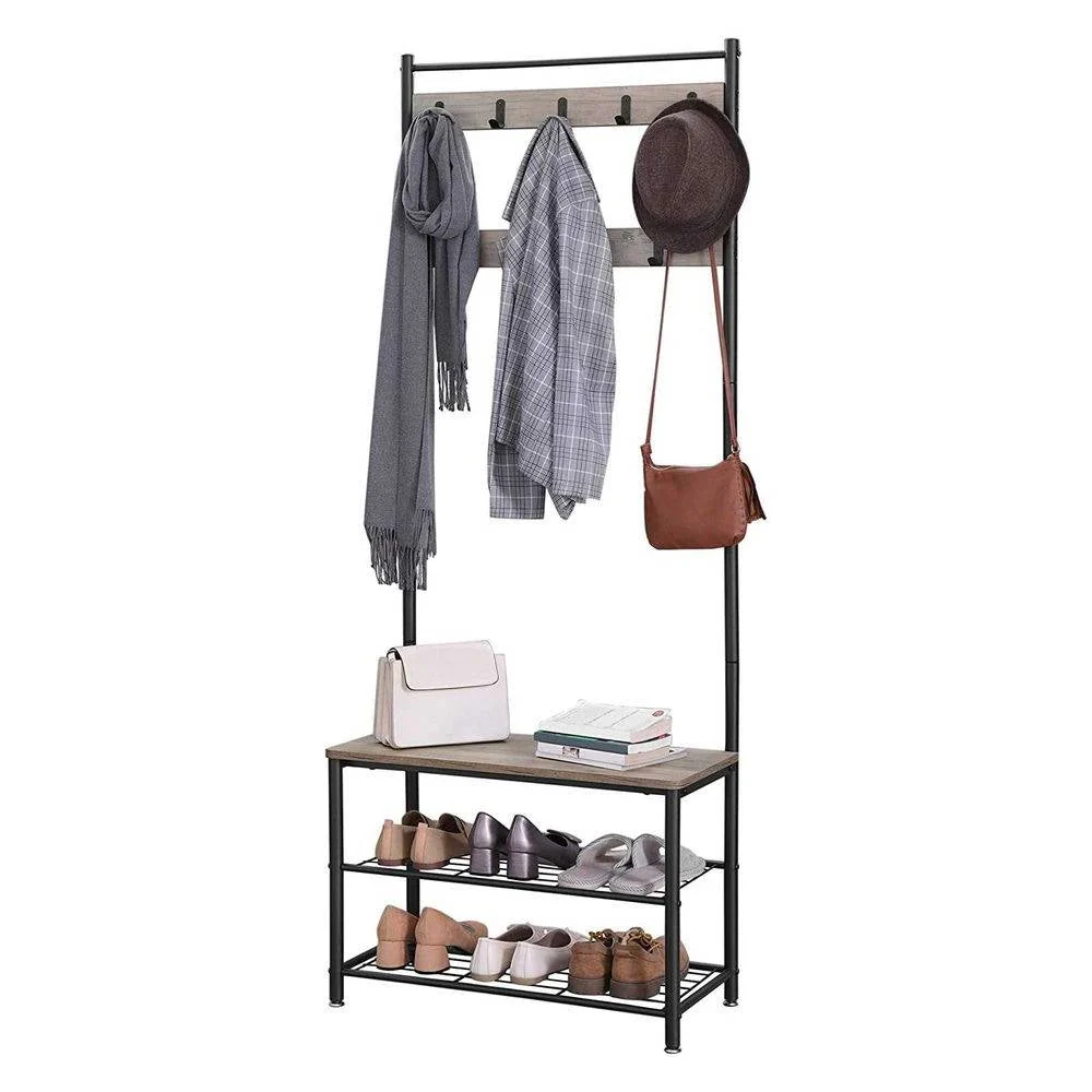 Modern Industrial Black Grey Entryway Coat Rack Shoe Bench with 2 Shelves - Image 4