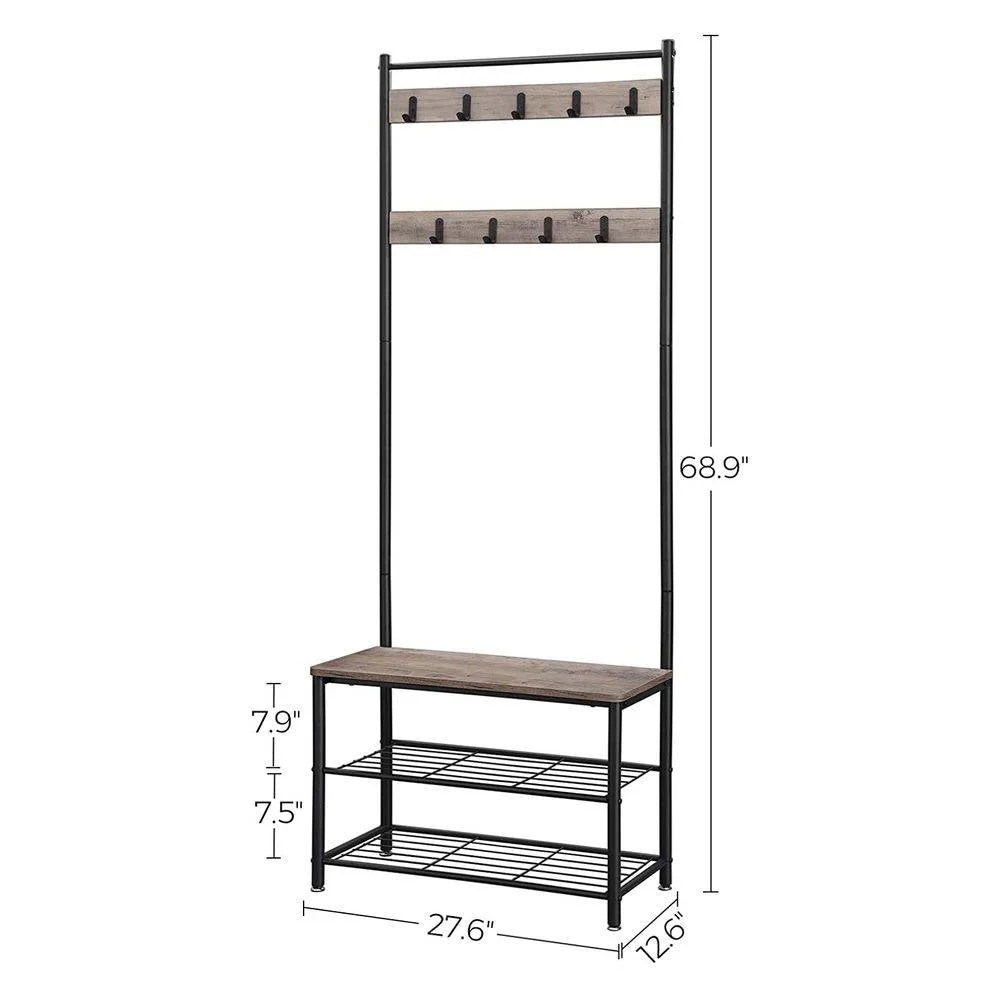 Modern Industrial Black Grey Entryway Coat Rack Shoe Bench with 2 Shelves - Image 5