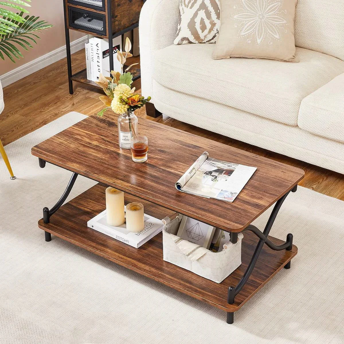 Modern Industrial Black Metal Brown Wood Coffee Table with Lower Storage Shelf - Image 2