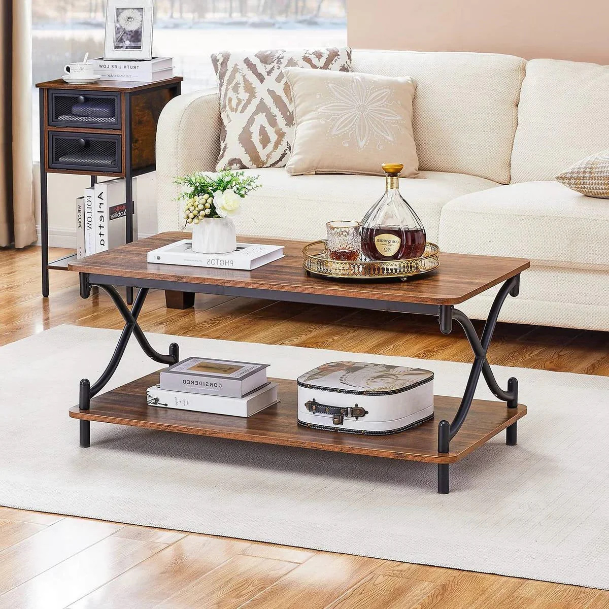Modern Industrial Black Metal Brown Wood Coffee Table with Lower Storage Shelf - Image 3