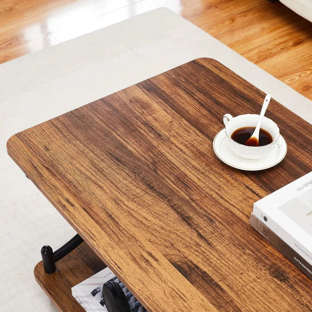 Modern Industrial Black Metal Brown Wood Coffee Table with Lower Storage Shelf - Image 4